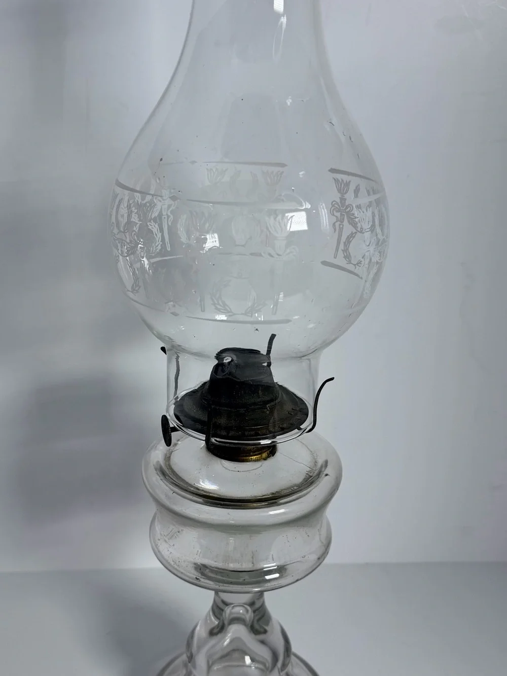 Vintage Clear Glass Pedestal Oil Lamp with Etched Chimney – 17